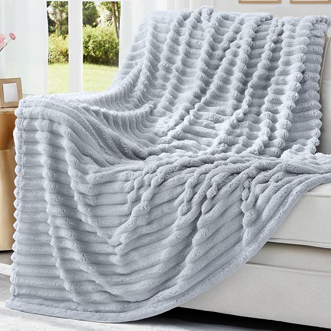 decorUhome Christmas Soft Fleece Light Grey Blanket Queen Size for Bed, Cozy Fluffy Plush Flannel Large Striped Throws for Couch Sofa, Lightweight Decorative Fuzzy Blanket for Woman, 90x90 Inches