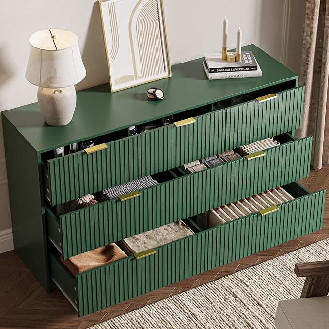 Green 7 Drawer Dresser for Bedroom, 55.9" Wide Modern Fluted Dresser with Gold Metal Handles, Wide Chest of Drawers for Bedroom, Living Room, Entryway, Hallway
