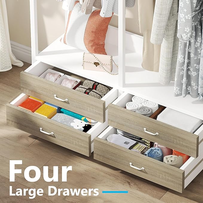 Tribesigns Freestanding Closet Organizer for Hanging Clothes, Heavy Duty Garment Rack with 4 Drawers, 8 Hooks and Storage Shelves, Wardrobe Closet Clothing Rack for Bedroom, Living Room, White Walnut