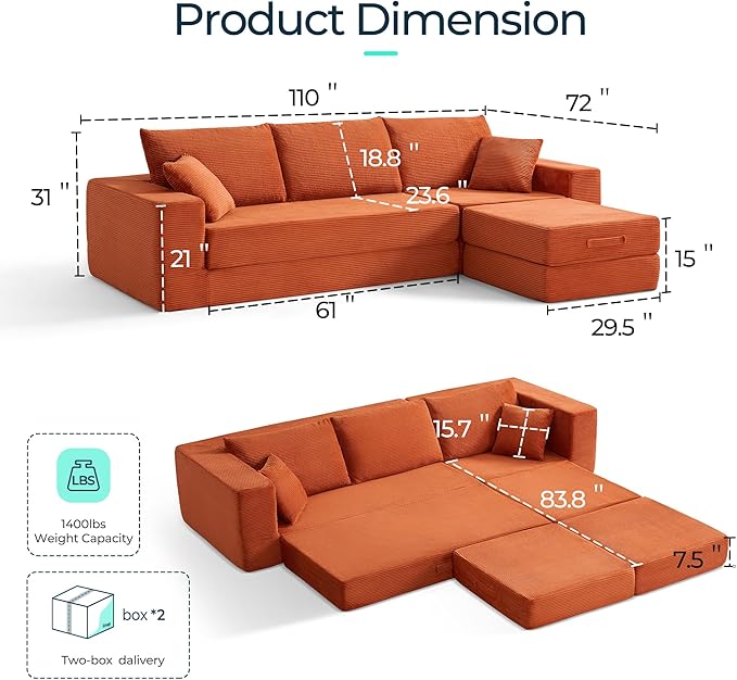 LINSY HOME Convertible Sofa Bed with 2 Pillows & Ottoman, Boneless Couch Folding Modular Sectional Sleeper Sofa, L Shaped Sofas Corduroy Couch Bed Compression Sofa for Living Room Apartment, Orange