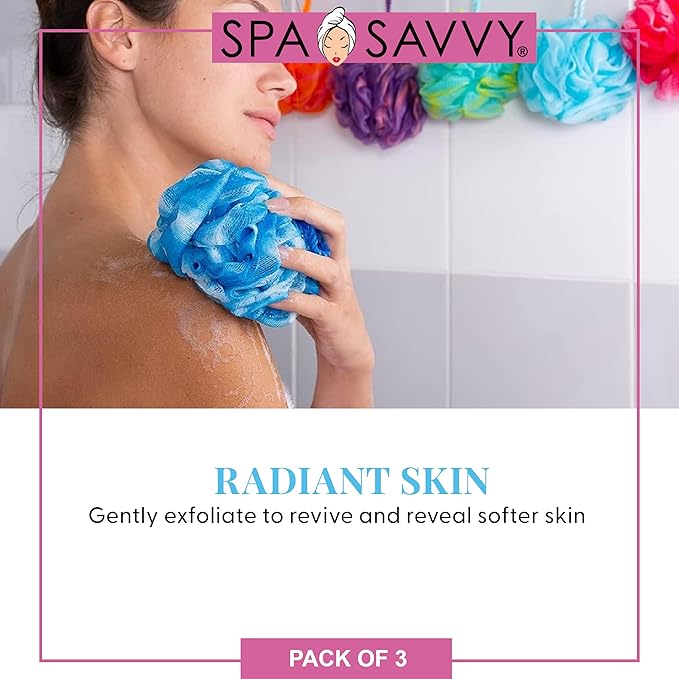 Bath Loofah Set, 3 Pack Shower Pouf Body Sponges with Suction Cups, Exfoliating Bath Accessories for Men and Women, Multicolor