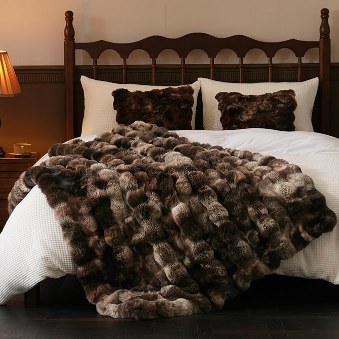 BENVWE Fluffy Faux Fur Throw Blanket for Couch, Soft Plush Thick Cozy Fuzzy Luxury Minky Bubble Blanket for Home Living Room Decor Gift for Women, Tie-dye Coffee, 60" x 80", 1100GSM