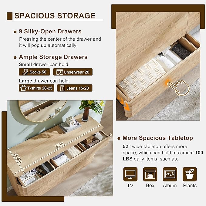 ACCOHOHO Modern 9 Drawer Dresser for Bedroom, 52" Wide Wooden Dressers with Large Storage,Handleless Chest of Drawers TV Stand for Living Room & Hallway, Curved Profile Design,Natural Oak