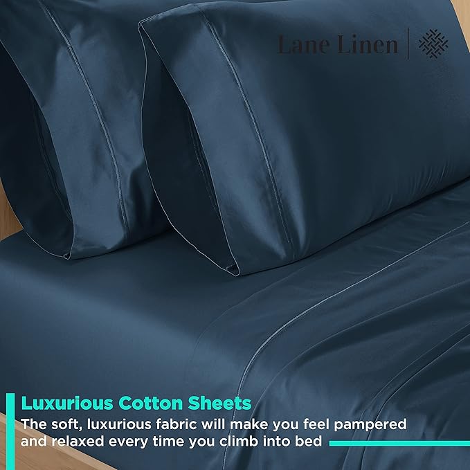 LANE LINEN King Bed Sheets – 600 Thread Count Long-Staple 100% Cotton King Size Bed Sheets, Hotel Luxury Soft Silky Sateen Weave, Durable for Daily Use, Fully Elasticized 15" Deep Pocket – Denim