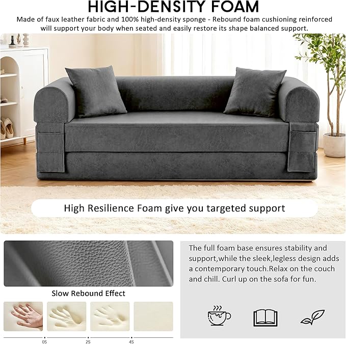 78.5" Convertible Sleeper Sofa Bed, Faux Leather Deep Seat Folding Floor Sofa with Pullout Bed & 2 Pillows, No Assembly Modern Boneless Couch Compression Sofa in Box for Living Room, Office, Gray