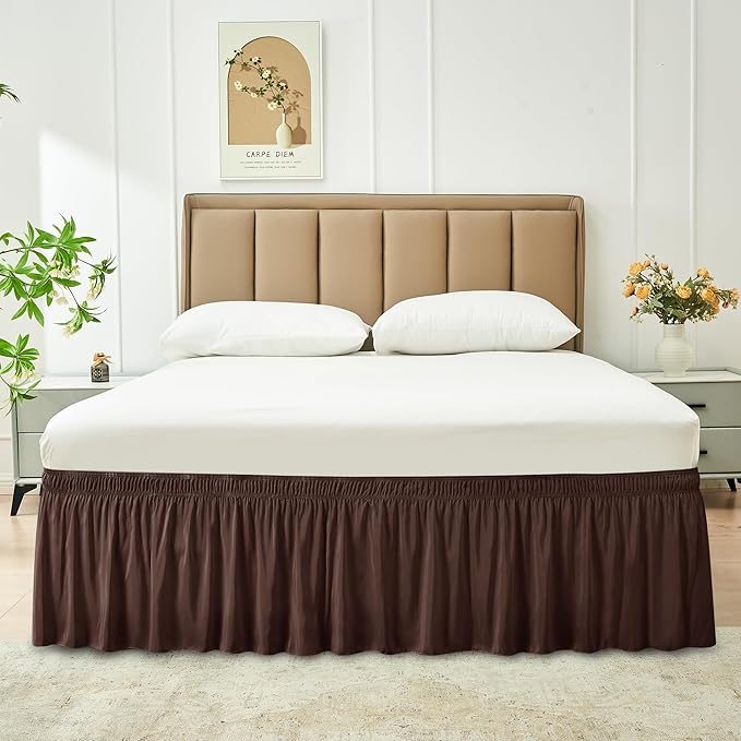 Biscaynebay Wrap Around Bed Skirts for Queen Beds 16" Drop, Brown Adjustable Elastic Dust Ruffles Easy Fit Wrinkle & Fade Resistant Silky Luxurious Fabric Solid Machine Washable