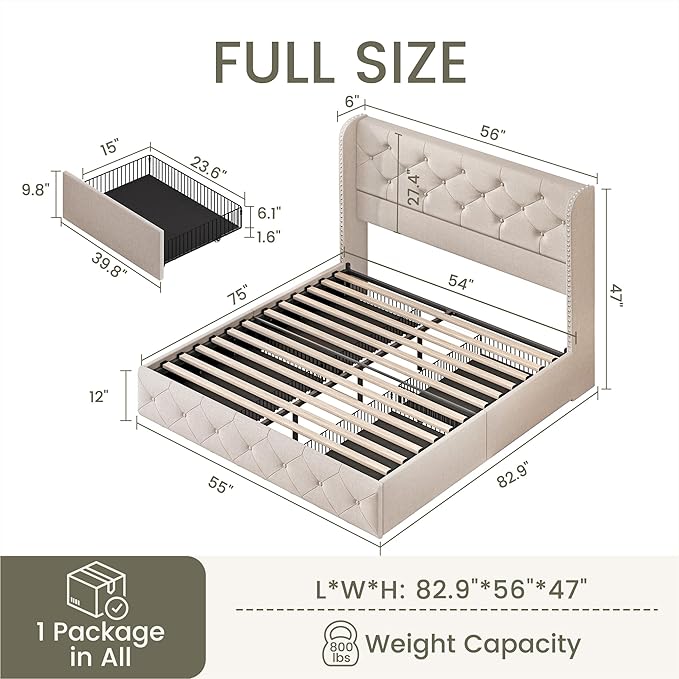 LARMACE Full Size Bed Frame with 4 Storage Drawers and Wingback Headboard Linen Upholstered Platform Bed Frame Tufted Beds with Wooden Slats Support, Easy Assembly, Beige