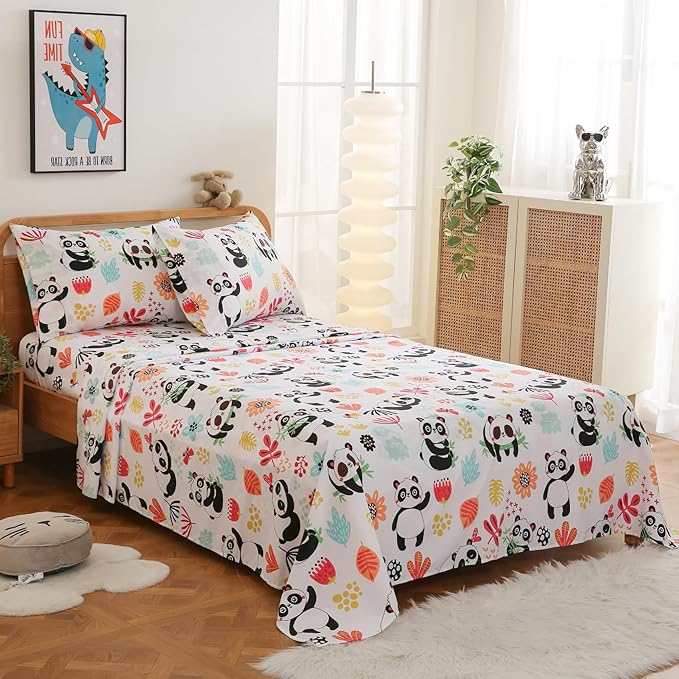 JSD Panda Kids Sheet Set Full Size, 4 Piece Floral Printed Microfiber Bed Sheets Deep Pocket