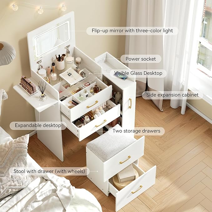 3 in 1 Vanity Desk with Flip Top Mirror, LED Lights, Side Cabinet,Collapsible Desk Panel, Hidden Stool with Storage, Small Makeup Vanity Table with Power Outlets, Compact Vanity, White PT01DTW