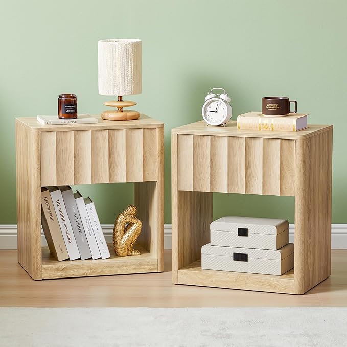 Fluted Dresser, Small Nightstands Set of 2, Natural Bedside Table with Drawer and Storage, Mid Century Modern Side Table for Bedroom Sofa
