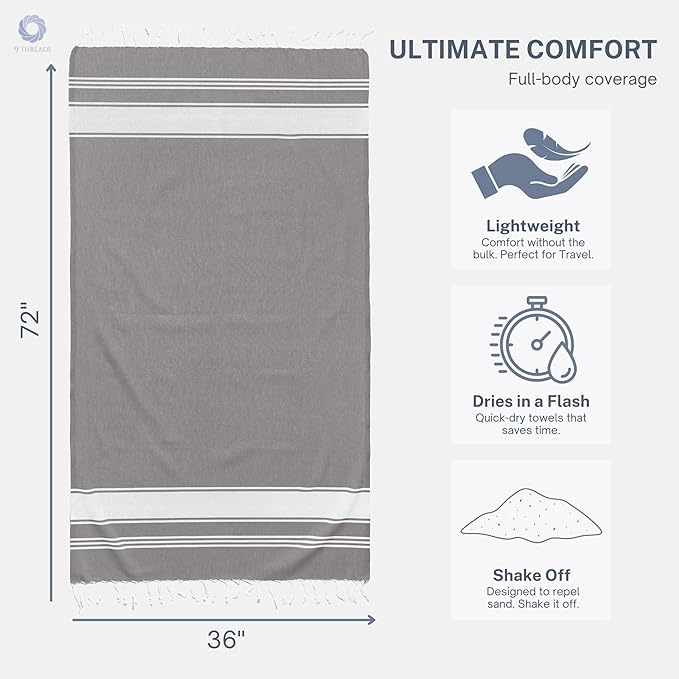 Cotton Turkish Beach Towel Towels Oversized 36"x72" Pool Absorbent Extra Large Quick Dry Sand Travel Towel (Grey, 2 Pack)