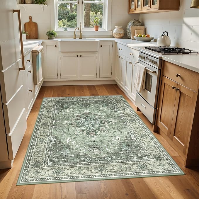 Area Rugs 4'x6' Washable Non-Slip, Floral Vintage Distress Print Pattern Medallion Carpet for Living Room Bedroom Dining Room, Dark Green Gray