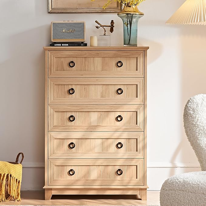 Farmhouse 5 Drawer Dresser for Bedroom Set of 2, 42" Tall Small Dressers & Chest of Drawers, Rustic Wood Dresser with Metal Handle, Storage Organizer Closet for Living Room, Hallway,Entryway