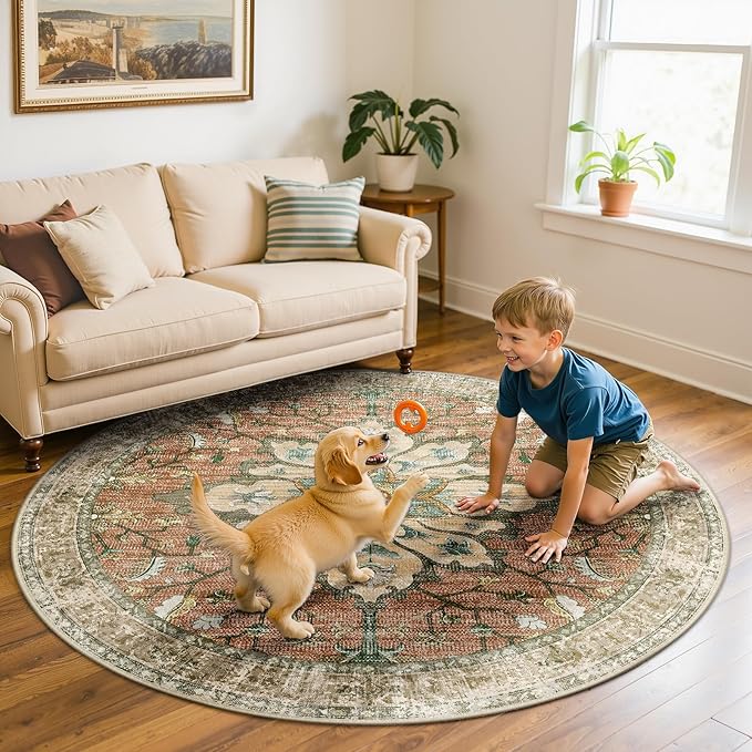 Area Rugs 6ft Washable Non-Slip, Floral Vintage Distress Print Pattern Medallion Carpet for Living Room Bedroom Dining Room, Brick Red Rust Neutral Brown Burnt Orange