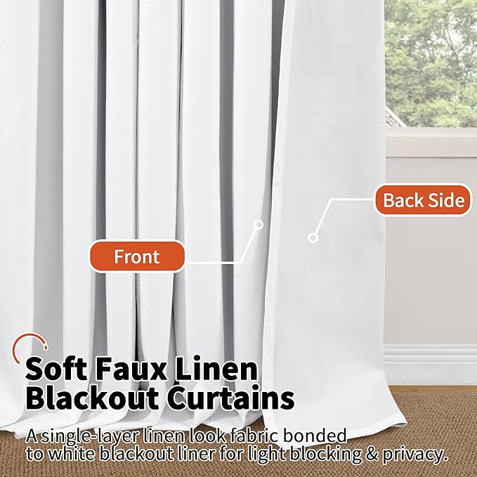 Short Blackout Curtains 45 Inch Length 2 Panels, Thermal Insulated Total Light Blocking Linen Window Curtains for Bedroom Basement Farmhouse Privacy Noise Reducing, Grommet, White, Each 52" Wide