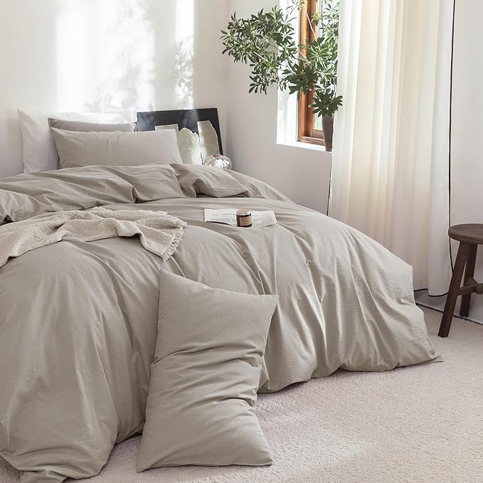 FOSSA Duvet Cover Set 100% Washed Cotton Linen Feel Super Soft Breathable Cozy 3 Pieces Bedding Sets Solid Cream Grey Oversized King