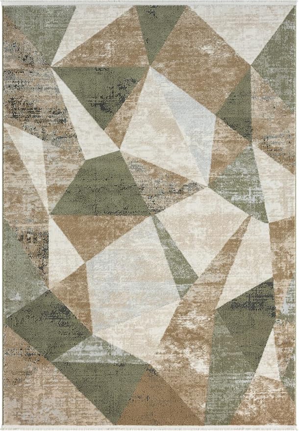 Abani Savoy Collection Area Rug - Green and Cream Geometric Design - 5'3"'x7'6 - Easy to Clean - Durable for Kids and Pets - Non-Shedding - Medium Pile - Soft Feel -for Living Room, Bedroom & Office
