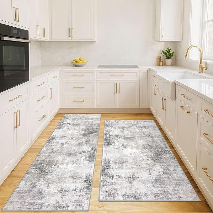 IOHOUZE Abstract Area Rugs and Runners Sets 2x6 and 3x5 Ft, Washable Entryway Rug and Runner Set, Non Slip Kitchen Rug Set, Printed Faux Wool Modern Floor Carpet for Hall Kitchen Entrance, Grey Beige