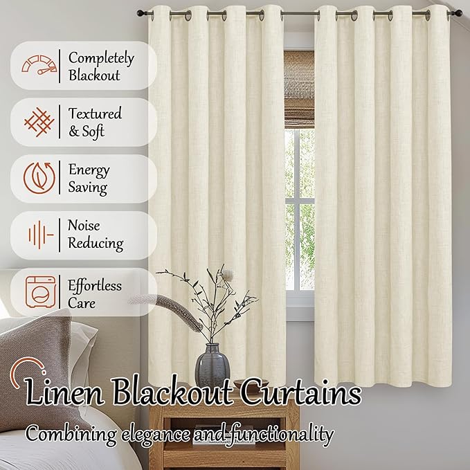 Cream 100% Blackout Curtains for Living Room 72 Inch Length 2 Panels Set, Thermal Insulated Light Blocking Faux Linen Curtains for Bedroom, Bronze Grommet Boho Window Drape Each 52" Wide