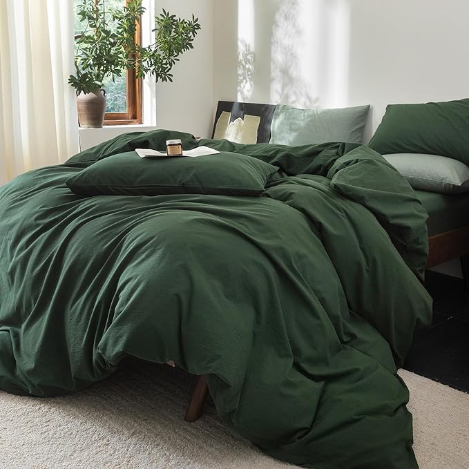 FOSSA Duvet Cover Set 100% Washed Cotton Linen Feel Super Soft Breathable Cozy 3 Pieces Bedding Sets Solid Forest Green Oversized King Plus