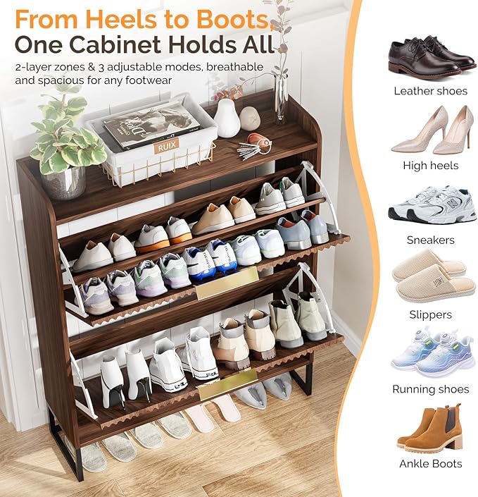 VINGLI Fluted Shoe Cabinet Storage for Entryway,Hidden Shoes Storage Cabinet with 2 Flip Drawers, Mid Century Modern Shoe Rack Organizer,Free Standing Shoes Organizer for Hallway(Dark Walnut)