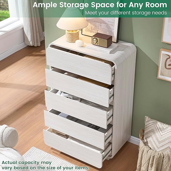 White 5 Drawers Dresser, Curved Dresser with Storage Organizer, Modern Drawer of Handleless, Large Chest of Drawers for Living Room, Nursery, Entryway, 29.5’’W