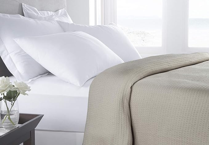 HILLFAIR 100% Combed Cotton Blanket– Twin Bed Blanket– Soft Cozy Warm Multipurpose Throws for Luxury Home Decor– 66 x 90 inch Twin XL Size Cotton Blankets for Beds- Bed Blankets for All Season- Sand