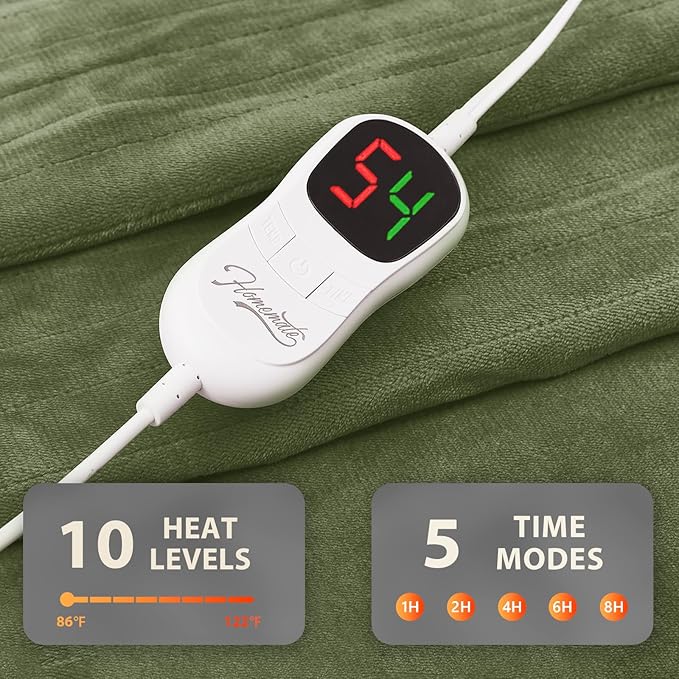 Homemate Electric Heated Blanket Full Size - 72"x84" Heating Blanket Full Size 1/2/4/6/8 Hours Auto-Off 10 Heat Level Over-Heat Protection Flannel Sherpa ETL Certification