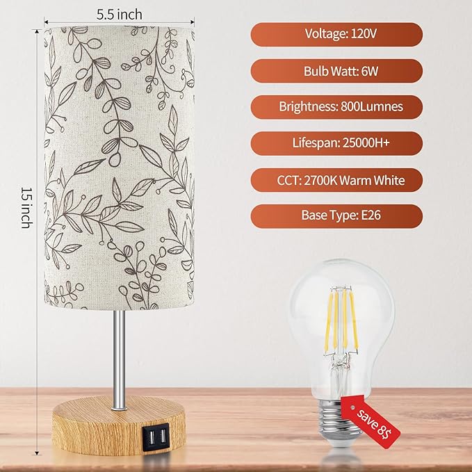 Bedside Touch Lamp, Wood Small Table lamp for Bedroom with 2 USB Charging Ports & Flower Fabric Shade, 3-Way Dimmable Nightstand Lamps for Living Room Office Reading Desk Home Dorm(LED Bulb Included)