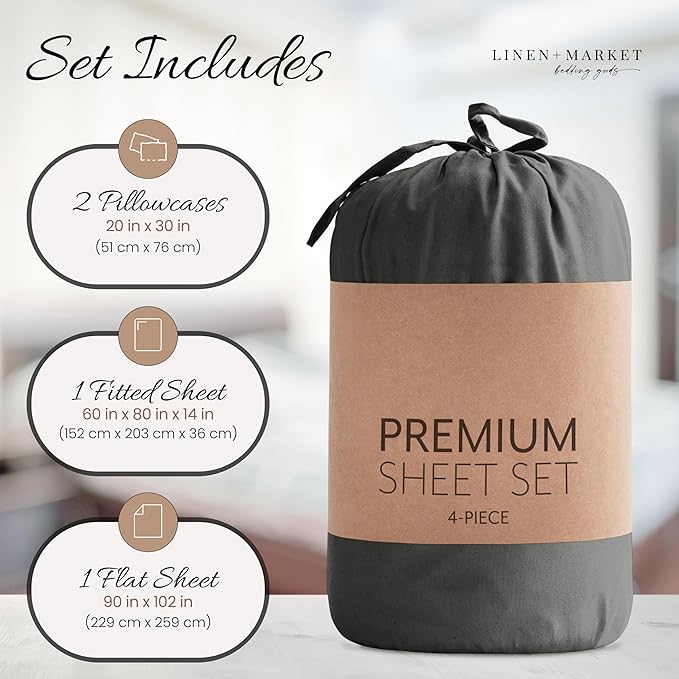 Linen Market Brushed Microfiber Queen Sheet Set 4 Piece – Oeko-TEX Certified Ultra Soft & Wrinkle-Free - 16" Deep Pocket Sheets - Easy Care Queen Size - Gray