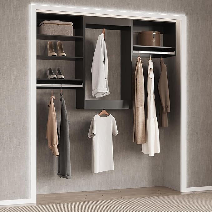 Medium Double Hanging Closet Unit, Modular Closet System, Wood Closet System Organizer with Storage for Walk in Closets, Clothing Rack Closet for Hanging Clothes, Bedroom, Black, 25.5" W