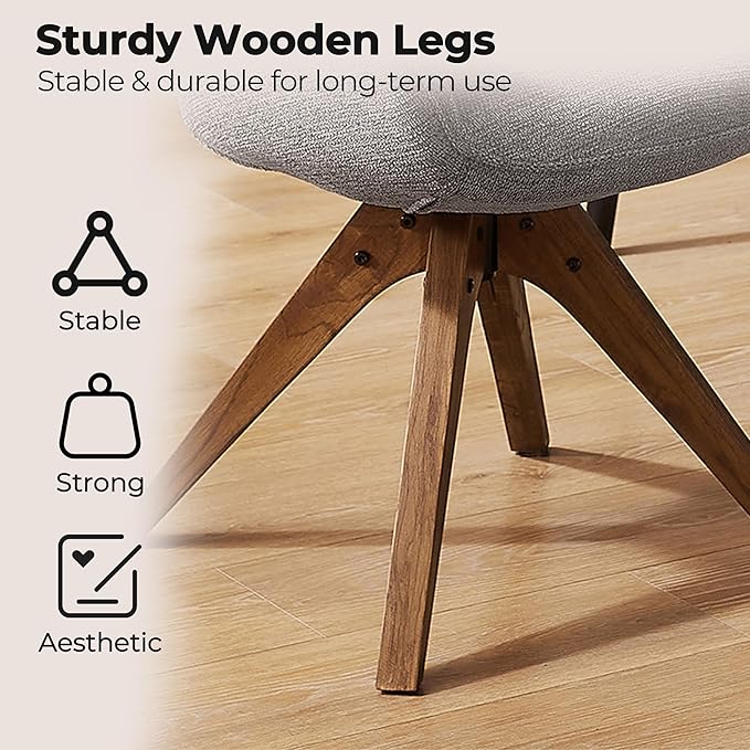 Zouron Mid Century Modern Accent Chair with Wooden Legs, Upholstered Swivel Chair No Wheels, Side Accent Armchair Vanity Chair for Small Space Home Office Living Room Bedroom, Light Grey