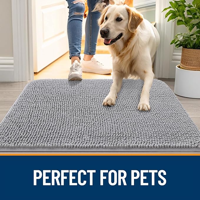 OLANLY Dog Door Mat for Muddy Paws 30x17, Absorbs Moisture and Dirt, Absorbent Non-Slip Washable Doormat, Quick Dry Chenille Mud Mat for Dogs, Entry Indoor Entryway Carpet for Inside Floor, Light Grey
