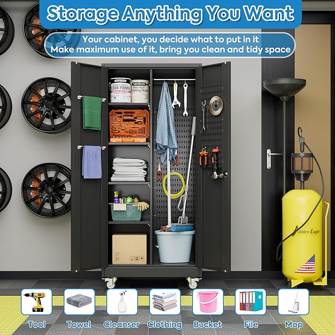 Garage Storage Cabinet with Wheels, Broom Closet Storage Cabinet with Pegboards and Adjustable Shelves, Metal Tool Cabinet with Lockable Door for Garage Home, Black