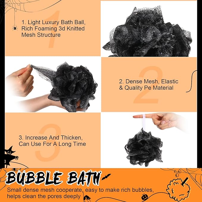 12 Pcs Thanksgiving Bath Loofah Sponge Orange Harvest Loofah Exfoliating Body Scrubber Shower Sponge 50g Mesh Shower Pouf Balls Gift Set for Women Men Bathing Accessories(Black,Orange)