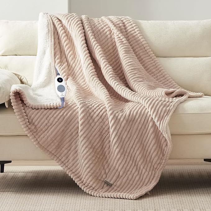 Westinghouse Heated Throw Blanket, Cozy Soft Flannel to Sherpa Electric Throw with 6 Heating Levels & 2-10 Hours Auto Shut Off, Fast Heating & ETL Certification, Machine Washable, 50x60 Inch, Beige