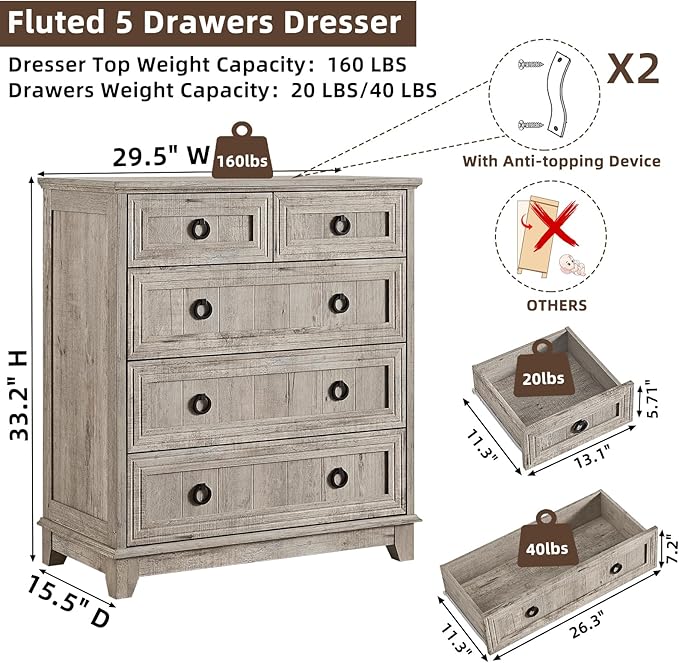 Farmhouse 5 Drawer Dresser for Bedroom, 33.2" Tall Small Dressers & Chest of Drawers, Rustic Wood Dresser with Metal Handle, Storage Organizer Closet for Living Room, Hallway, Entryway