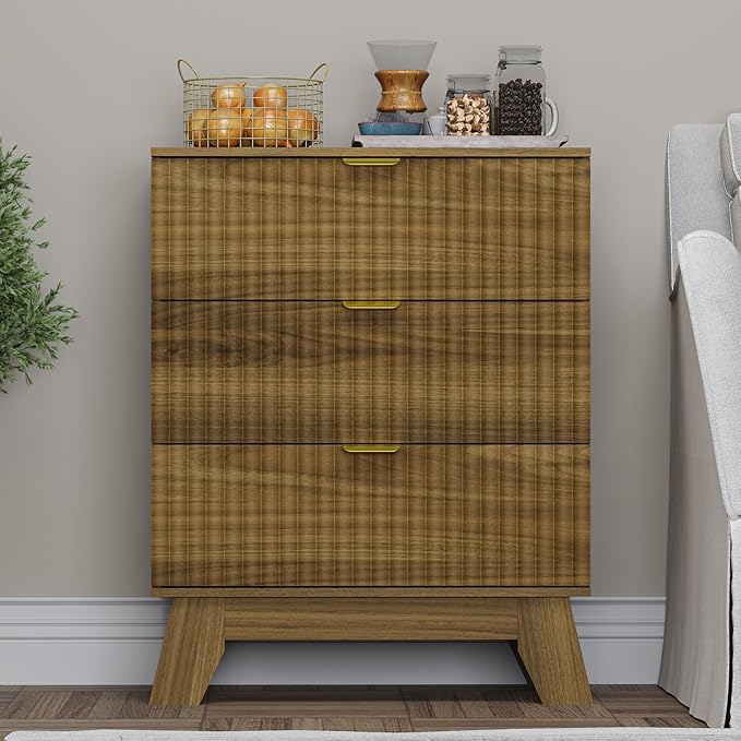 Fluted 3 Drawer Dresser, 30.3" Tall Compact Modern Boho Chest of Drawers, Wooden Storage Cabinet for Bedroom, Living Room, Entryway, Curved Profile Design