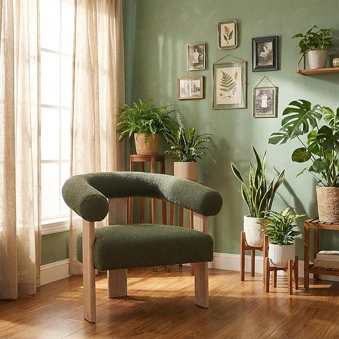 VKNOW Accent Chair Living Room Chairs Set of 2, Modern Upholstered Arm Chair with Solid Wood Legs, Comfy Barrel Accent Chairs for Living Room, Bedroom, Green