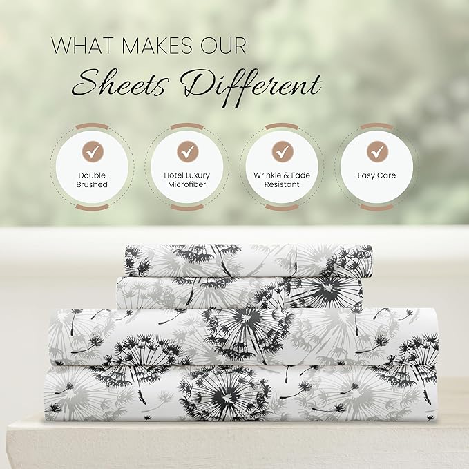 Linen Market Double-Brushed Patterned Microfiber Full Sheet Set 4 Piece – Oeko-TEX Certified Ultra Soft & Wrinkle-Free - 16" Deep Pocket Sheets - Easy Care Full Size - Make a Wish Light Gray