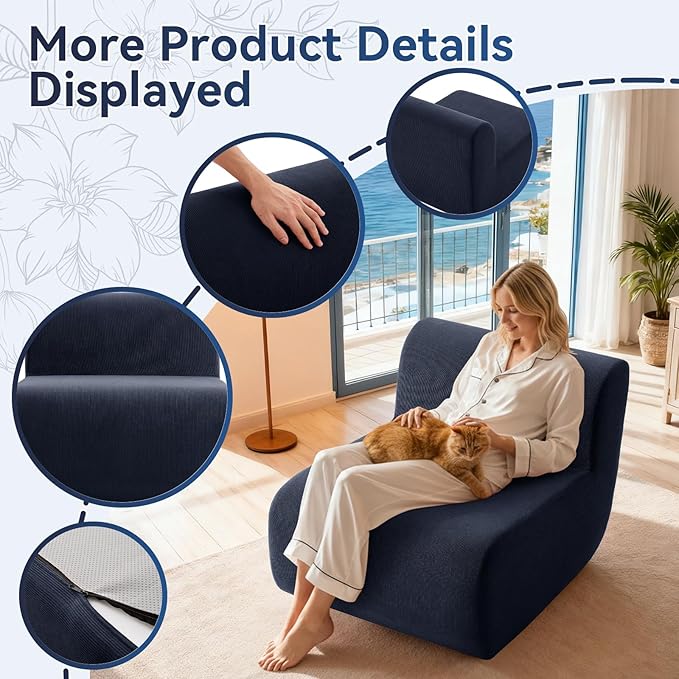26" Single Sofa, 1 Seater Armless Corduroy Couch, No Assembly Modern Boneless Couch Compression Sofa in Box, Floor Sofa with Ergonomic Design for Living Room, Dark Blue