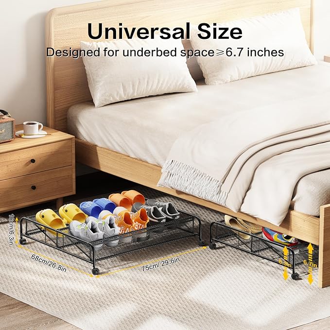 Under Bed Shoe Storage Organizer, 2 Pack Under Bed Storage Containers with Wheels for Under Bed Shoe Organizer Drawer Space Saving for bedroom