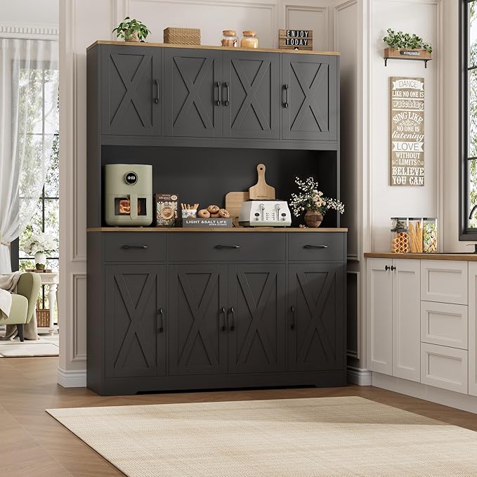 HOSTACK 71" Tall Pantry Cabinet with Charging Station, 55" Wide Kitchen Pantry Storage Cabinet with Countertop, Large Kitchen Hutch with Storage Drawers and Doors for Dining Room, Living Room, Black