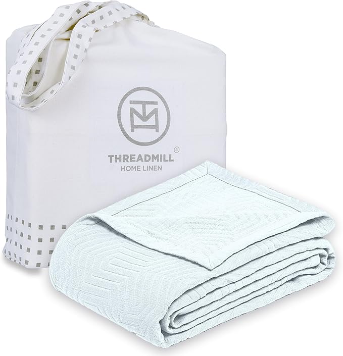 Threadmill Luxury Cotton Blankets for Twin Size Bed | All-Season 100% Cotton Twin Blanket for Bed | Aster Jacquard Lightweight, Soft & Cozy Coverlet, 350GSM, 68 x 90 inches | Light Blue