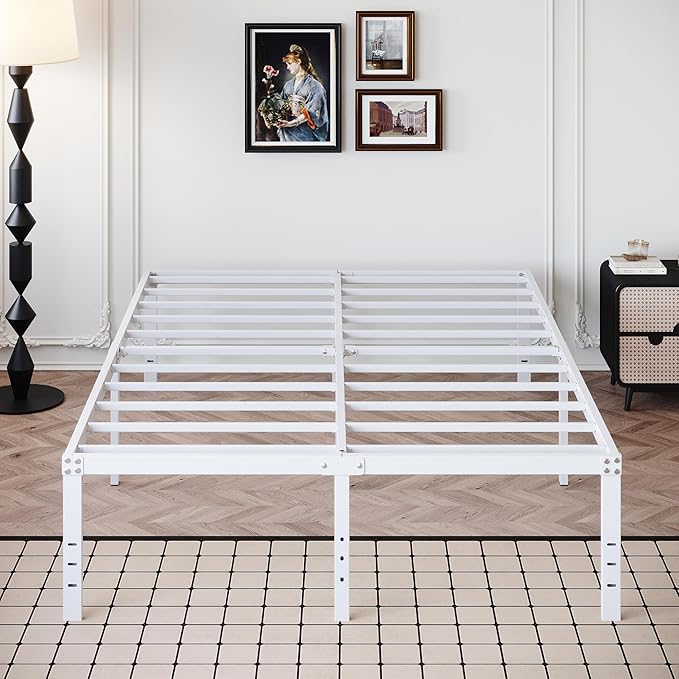 18 Inch White Full Size Bed Frame Heavy Duty Metal Platform No Box Spring Needed, Maximum Storage, Easy Assembly, Noise Free