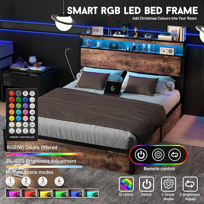 Full Size Lift Up Storage Bed Frame with Charging Station, 2 Tier Wood Storage Headboard with Led Lights, Heavy Duty Metal Slats Support/Hydraulic Storage/Noise-Free/Brown