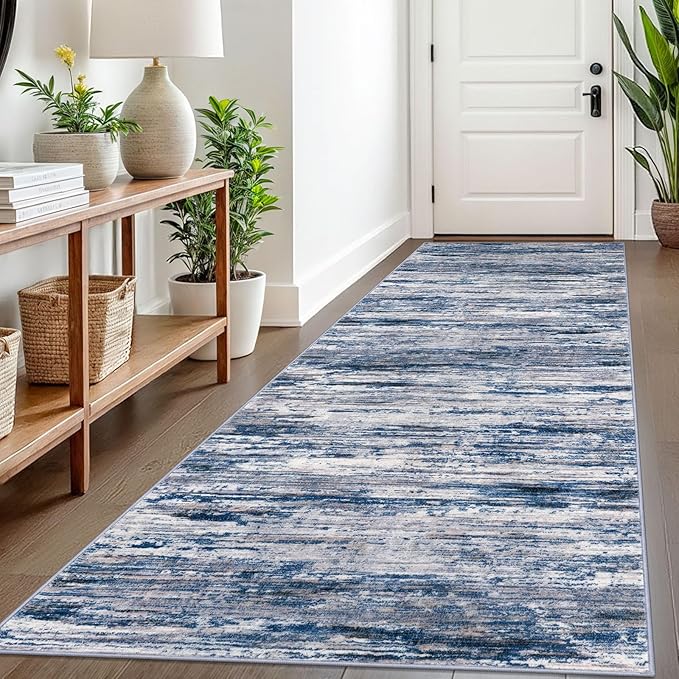 3x8 Modern Abstract Runner Rug for Hallways, Navy Blue Gray Neutral Multi Super Soft Hallway Decor Kitchen Rugs with Non-Slip, Non-Shedding Washable Rug for Entryway Bedroom Indoor