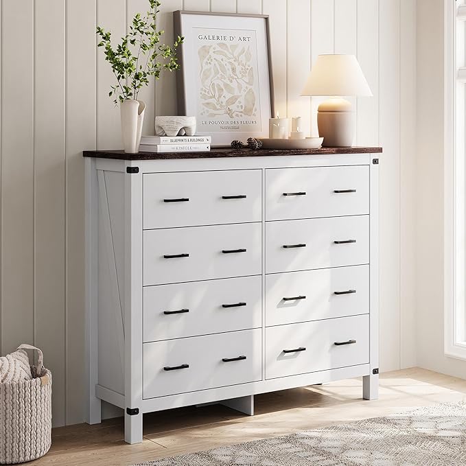 LINSY HOME Farmhouse 8 Drawer Double Dresser for Bedroom, 50” Wide Rustic Wood Chest with Deep Drawers, Modern Dressers with Storage and Metal Handles for Closet, Living Room, Hallway, Off White