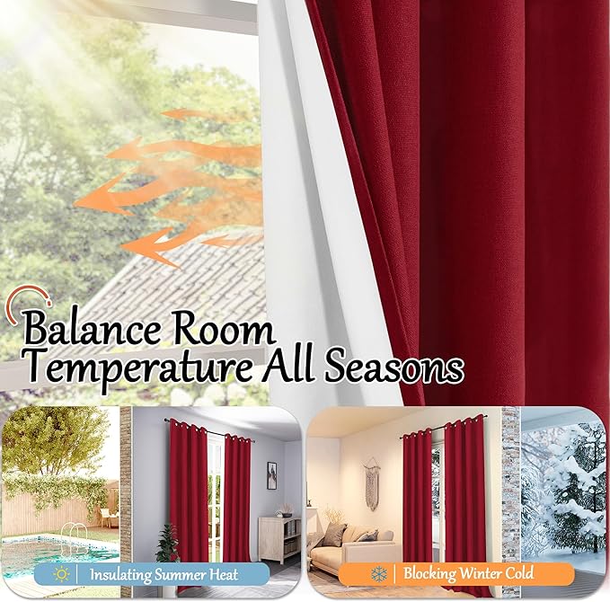 Red Linen Blackout Christmas Curtains for Living Room - Thermal Insulated Heavy Curtains 84 Inch Long, Thick Light Blocking Soundproof Curtains for Winter Bedroom Each 52x84 Inch 2 Panels