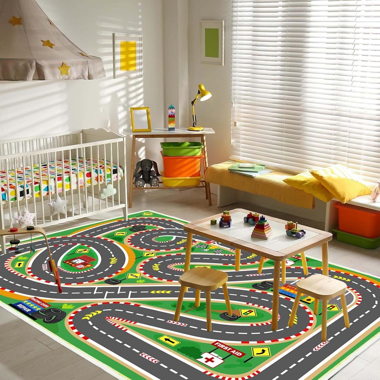 Kids Rug Play Mat Playroom Rugs Car Rugs for Kids Toy Cars Race Track for Classroom Rug(Race-Green, 6.6x9.9ft)